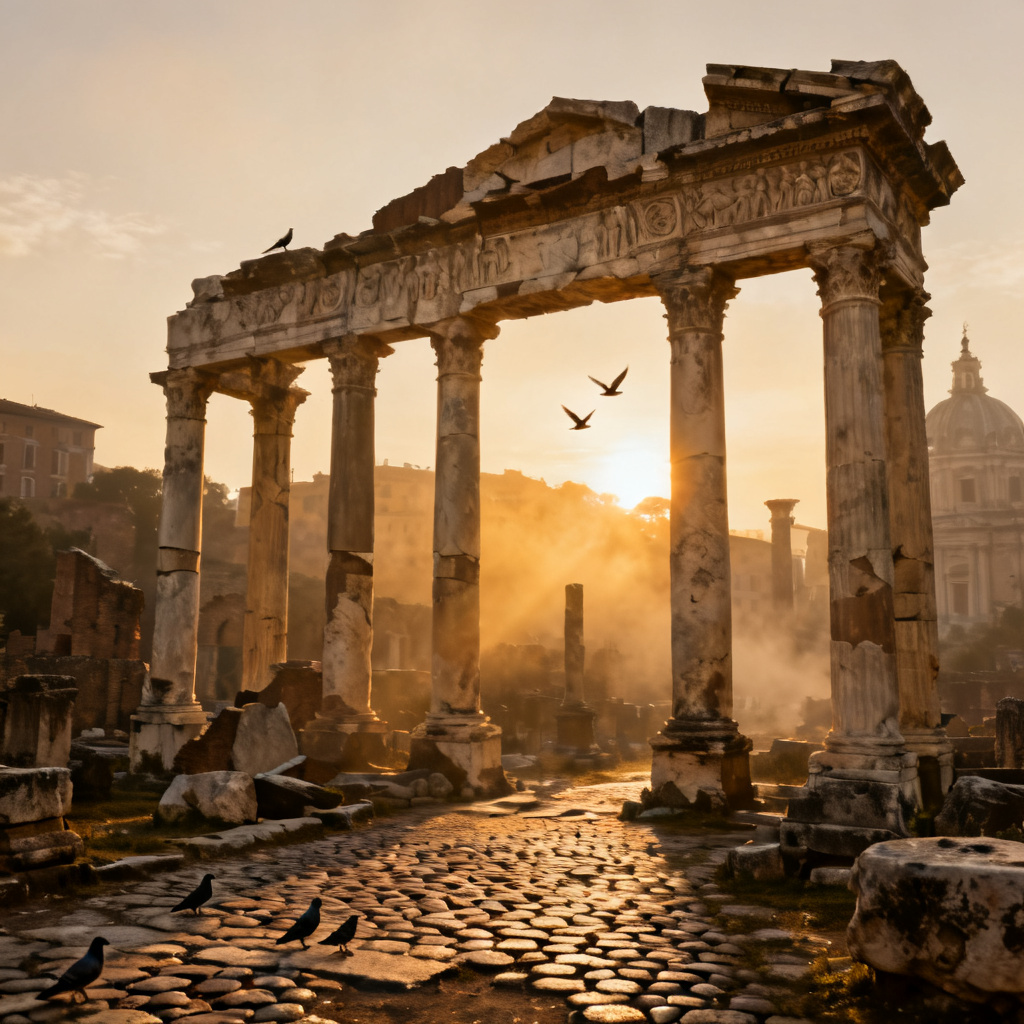 AI-generated Roman forum ruins at sunrise with marble columns