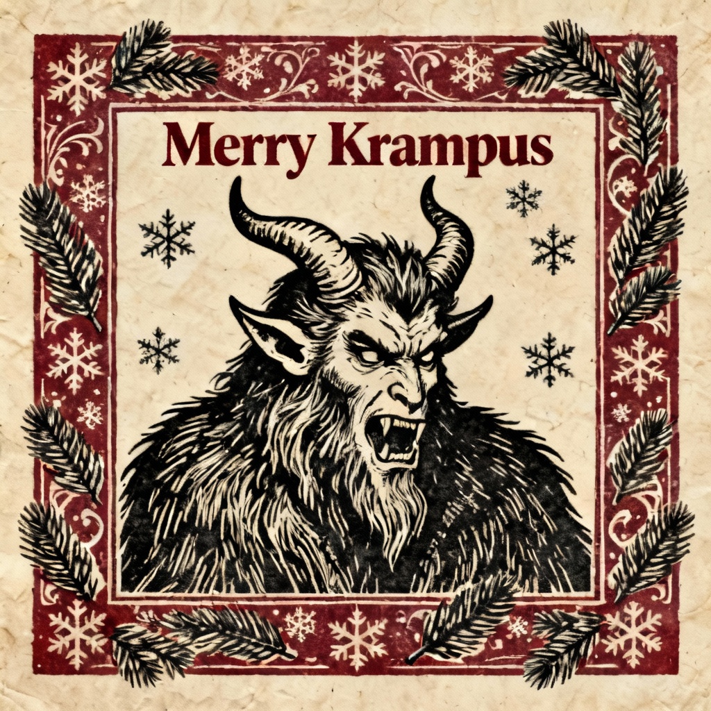 AI vintage woodcut Krampus greeting card