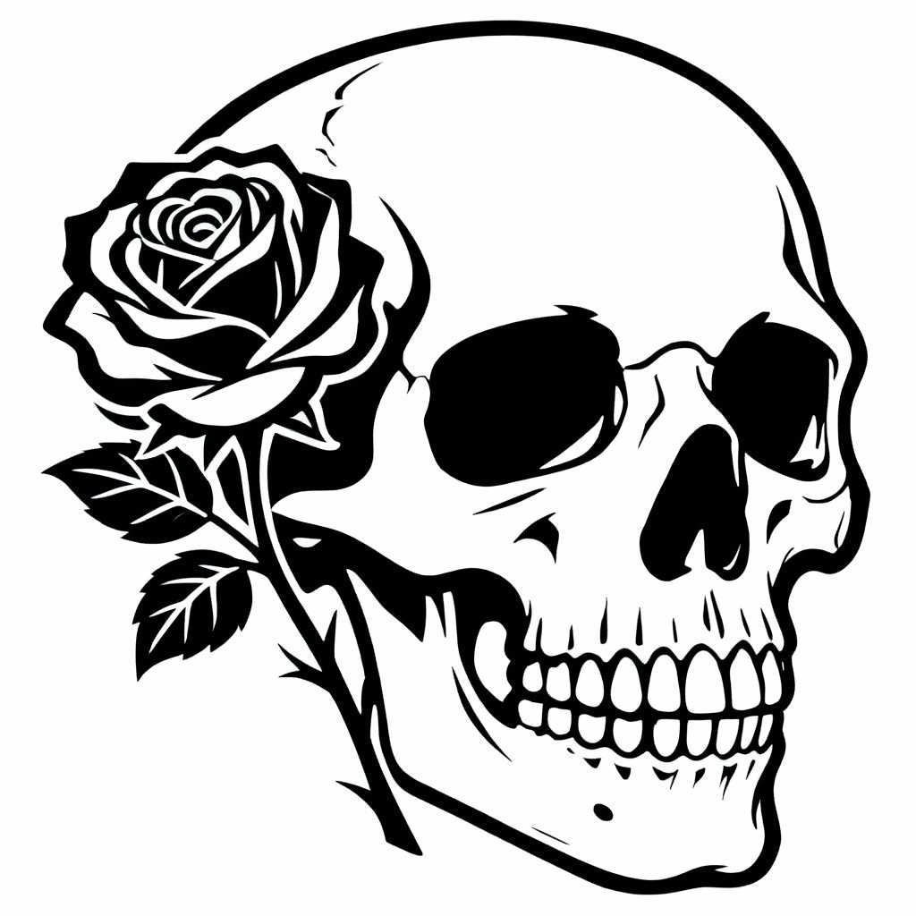 AI tattoo stencil line art skull with rose