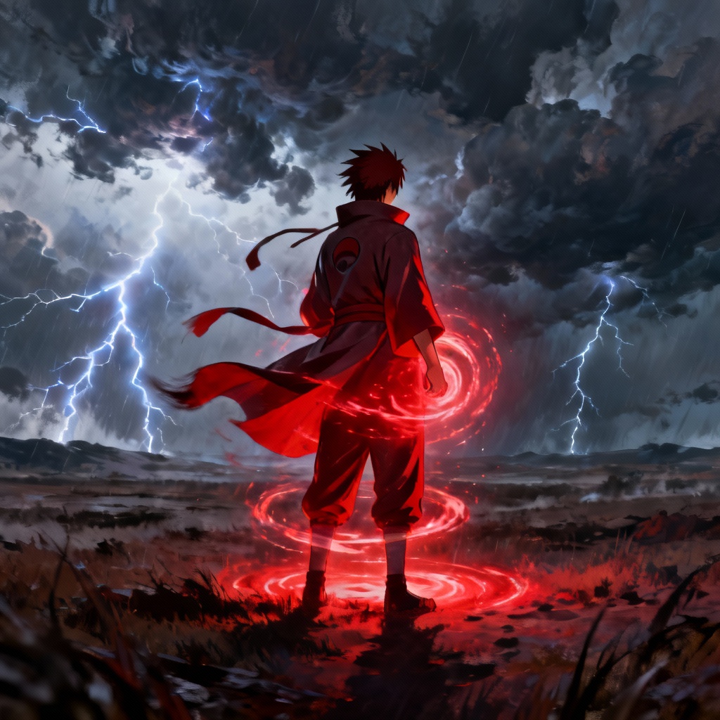 Anime ninja stance on stormy battlefield