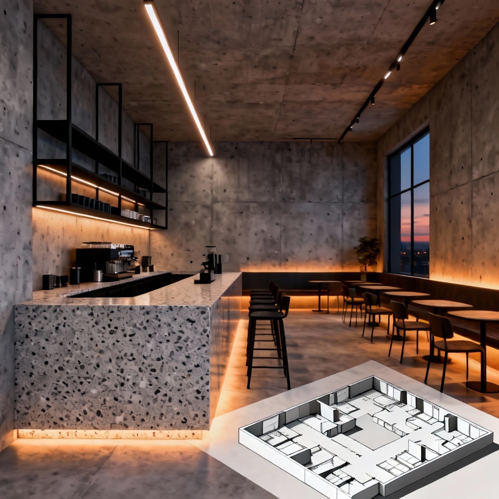 AI brutalist cafe contemporary interior design