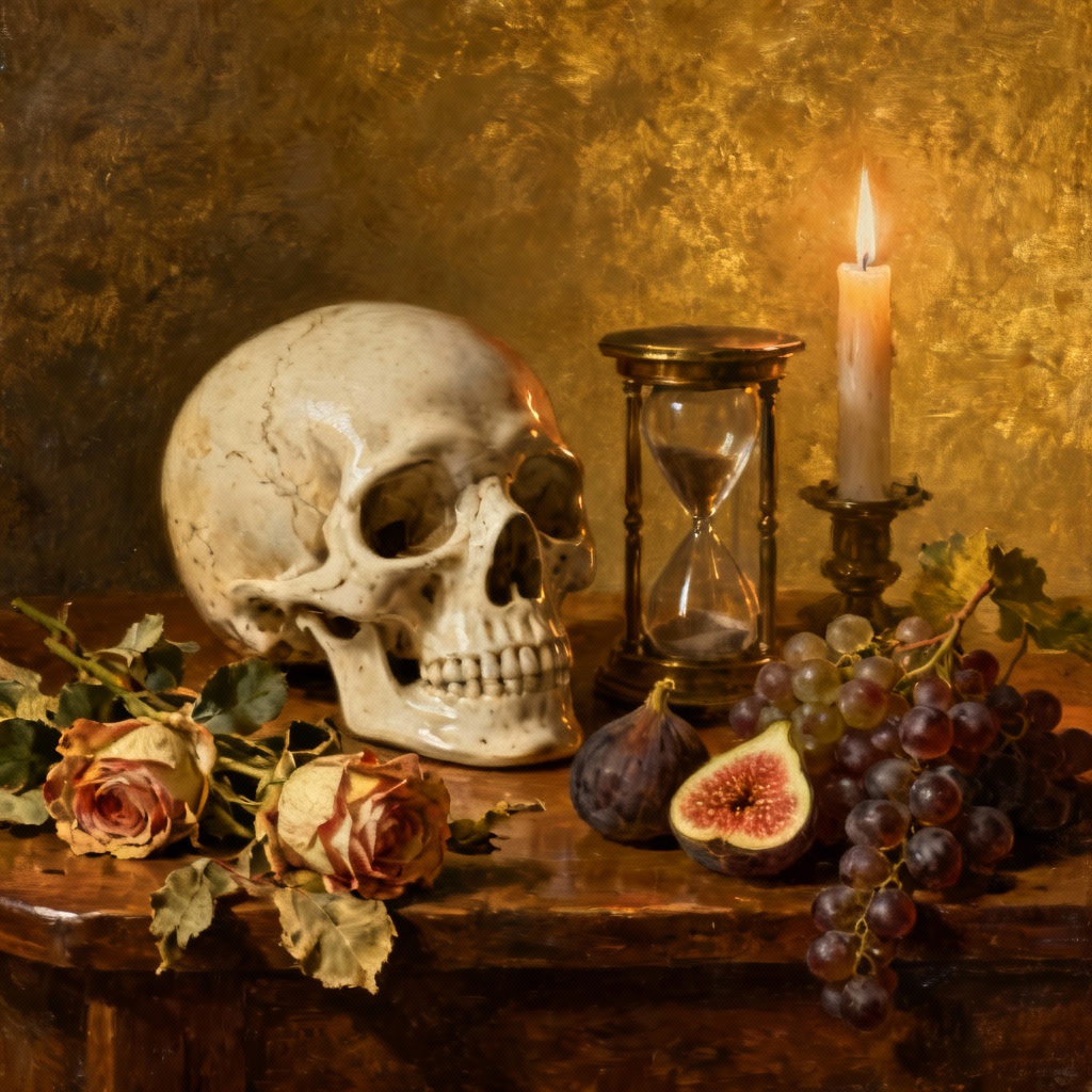 AI vanitas still life with skull hourglass candle and fruit