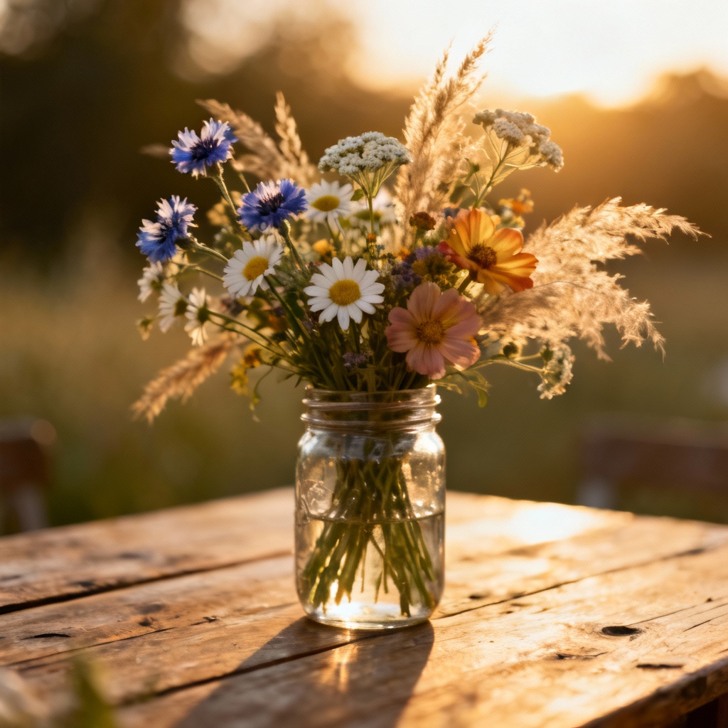 AI rustic wildflower centerpiece in mason jar