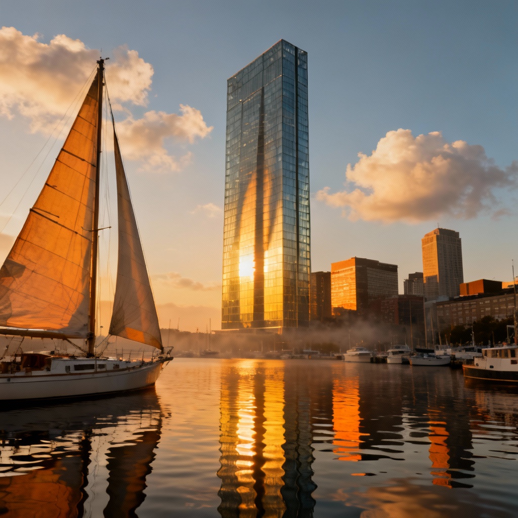 Golden hour modern skyline waterfront generated by AI urban tool