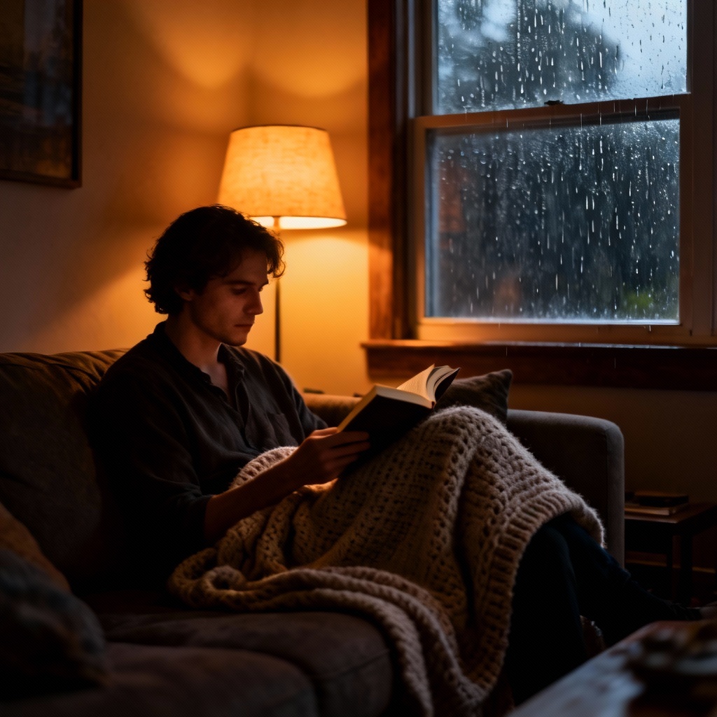 AI lifestyle image of relaxing with a book at night