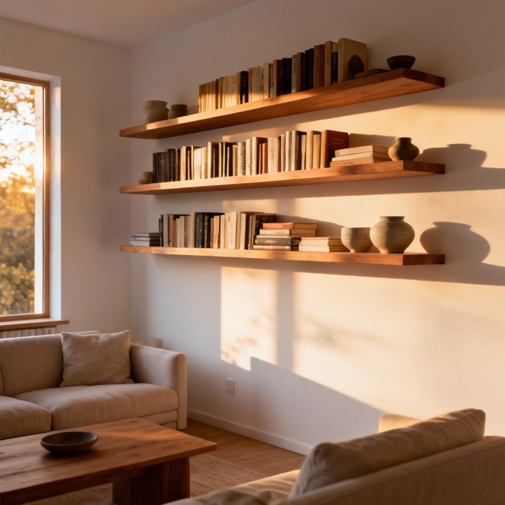 AI generated modern living room floating wall shelves