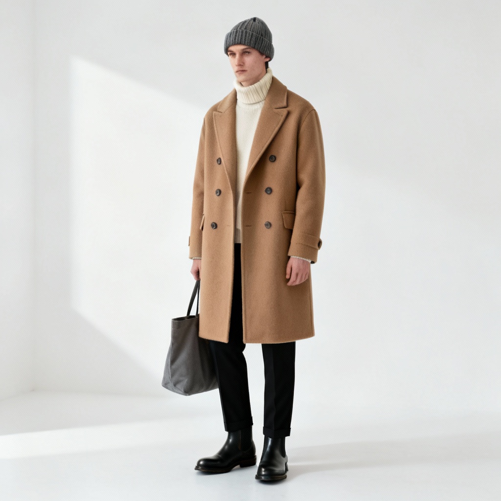 AI Scandinavian minimal winter capsule outfit with wool coat and turtleneck