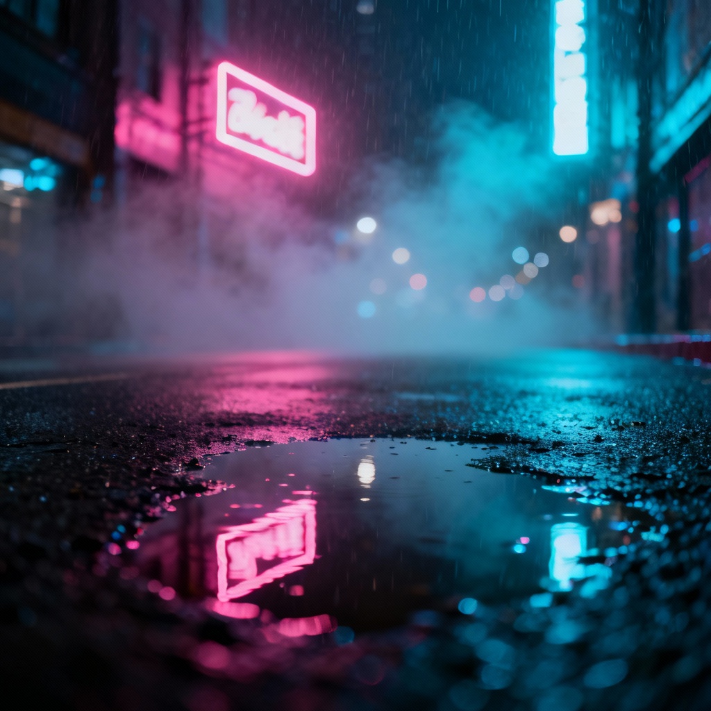 AI neon rain street atmosphere with bokeh glow