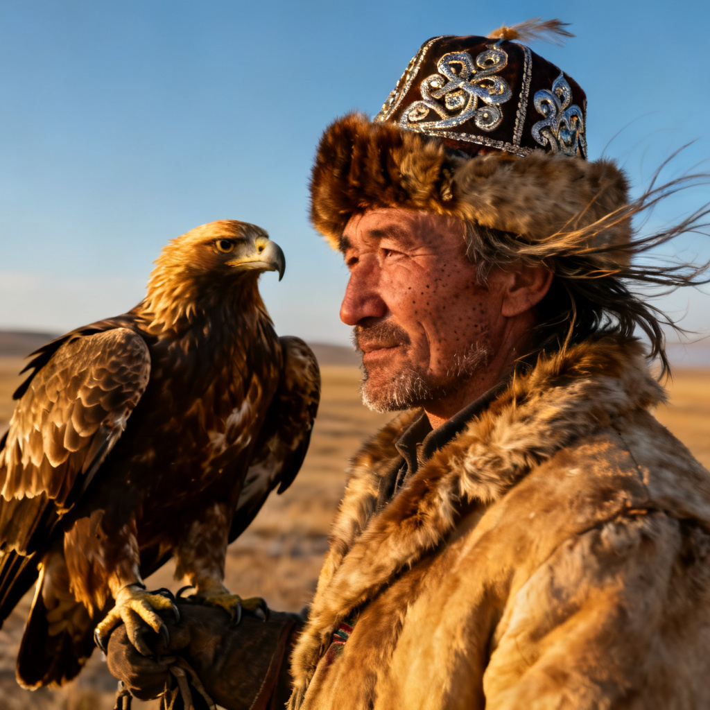 AI Kazakh eagle hunter portrait in traditional attire