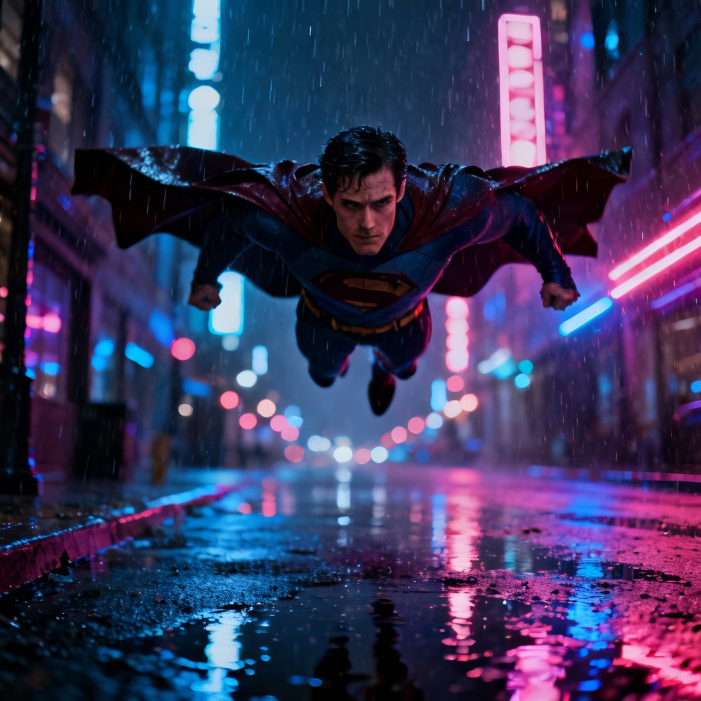 AI Superman in neon city night scene