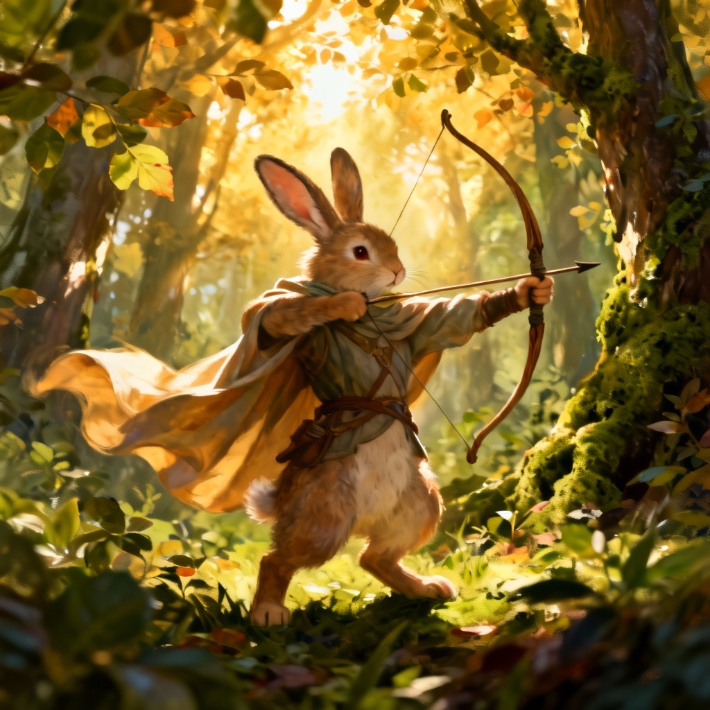 AI furry art of a rabbit archer in a sunlit forest