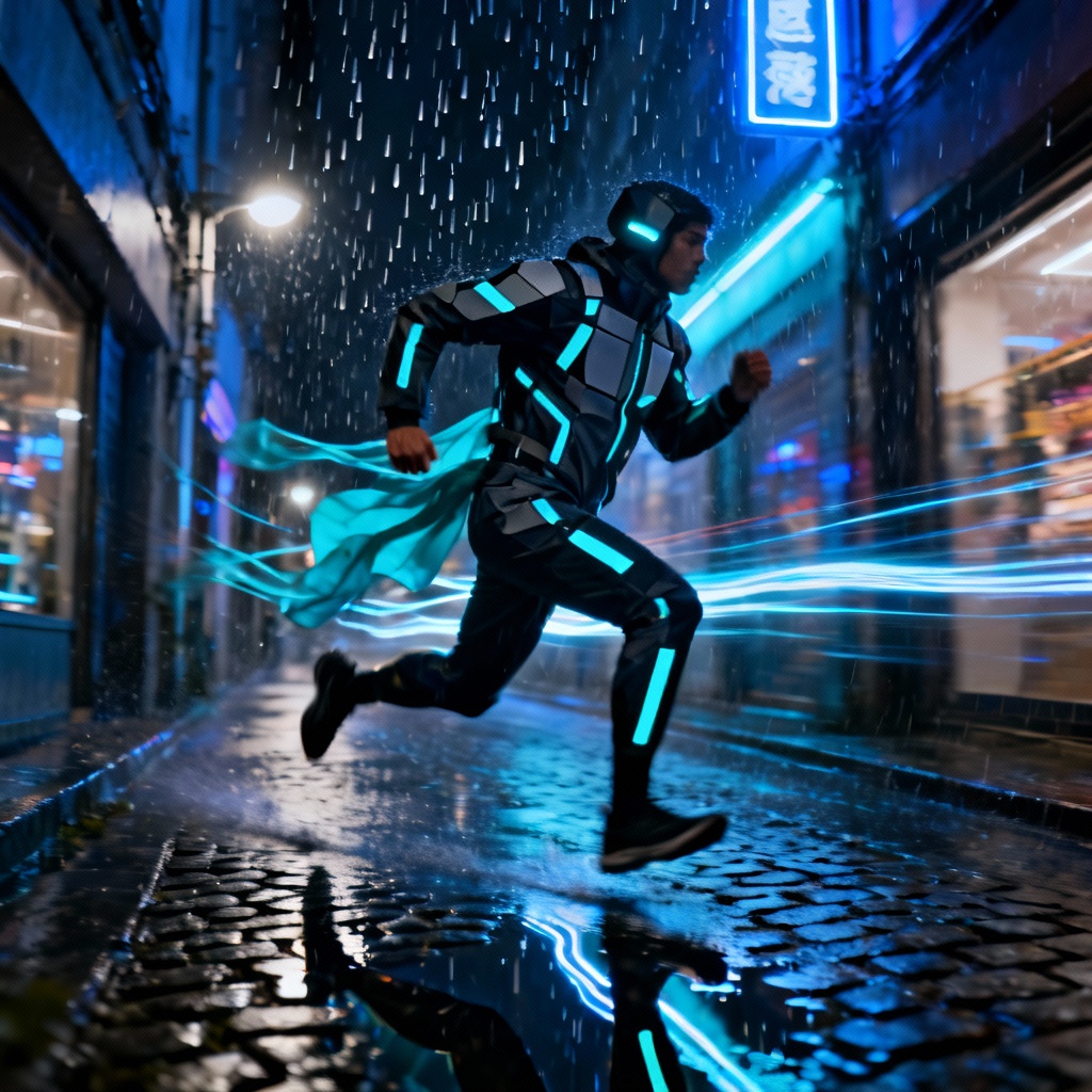 AI techwear action shot in rain