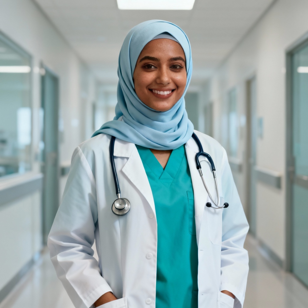 AI doctor hijab portrait in hospital