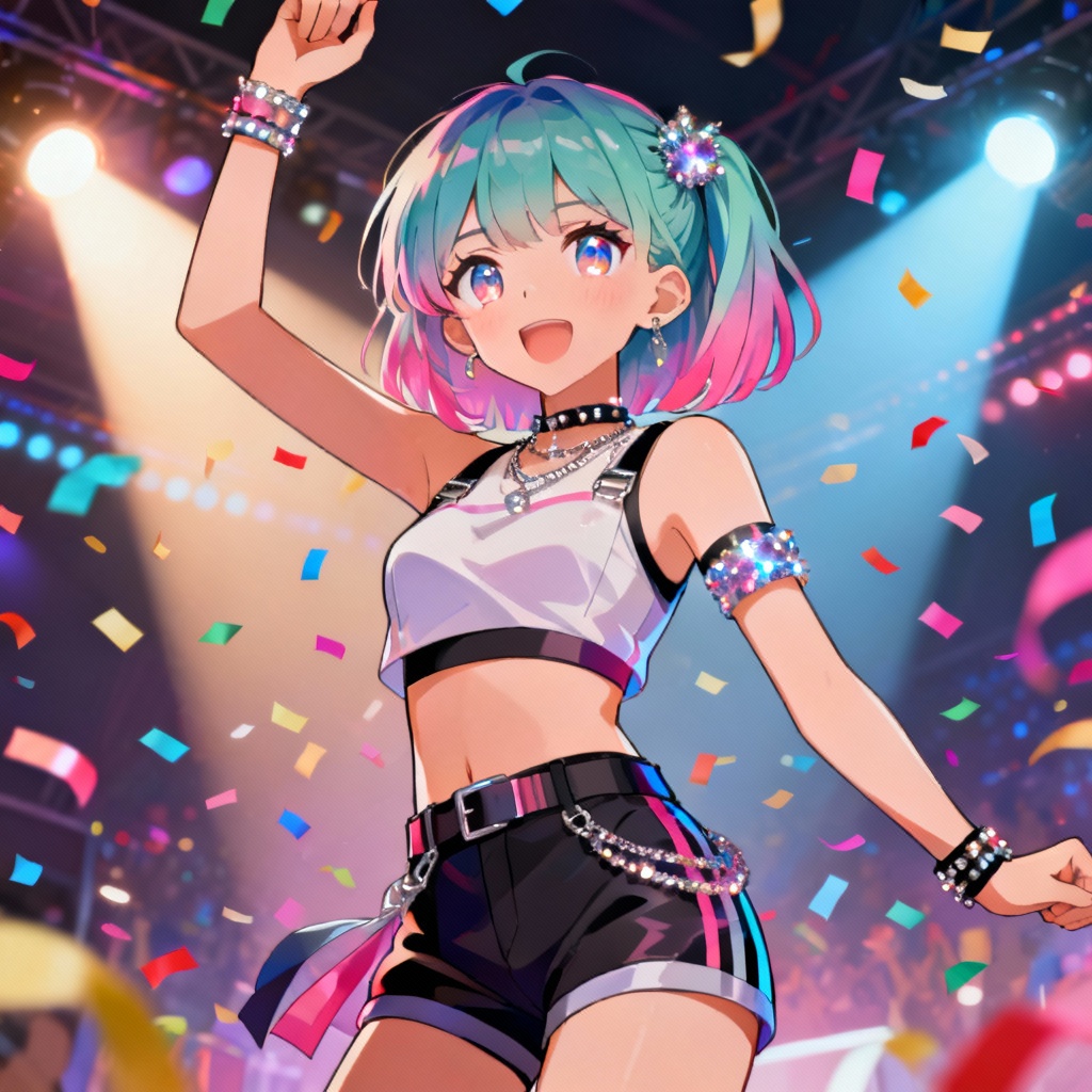 Anime waifu pop idol on stage with confetti