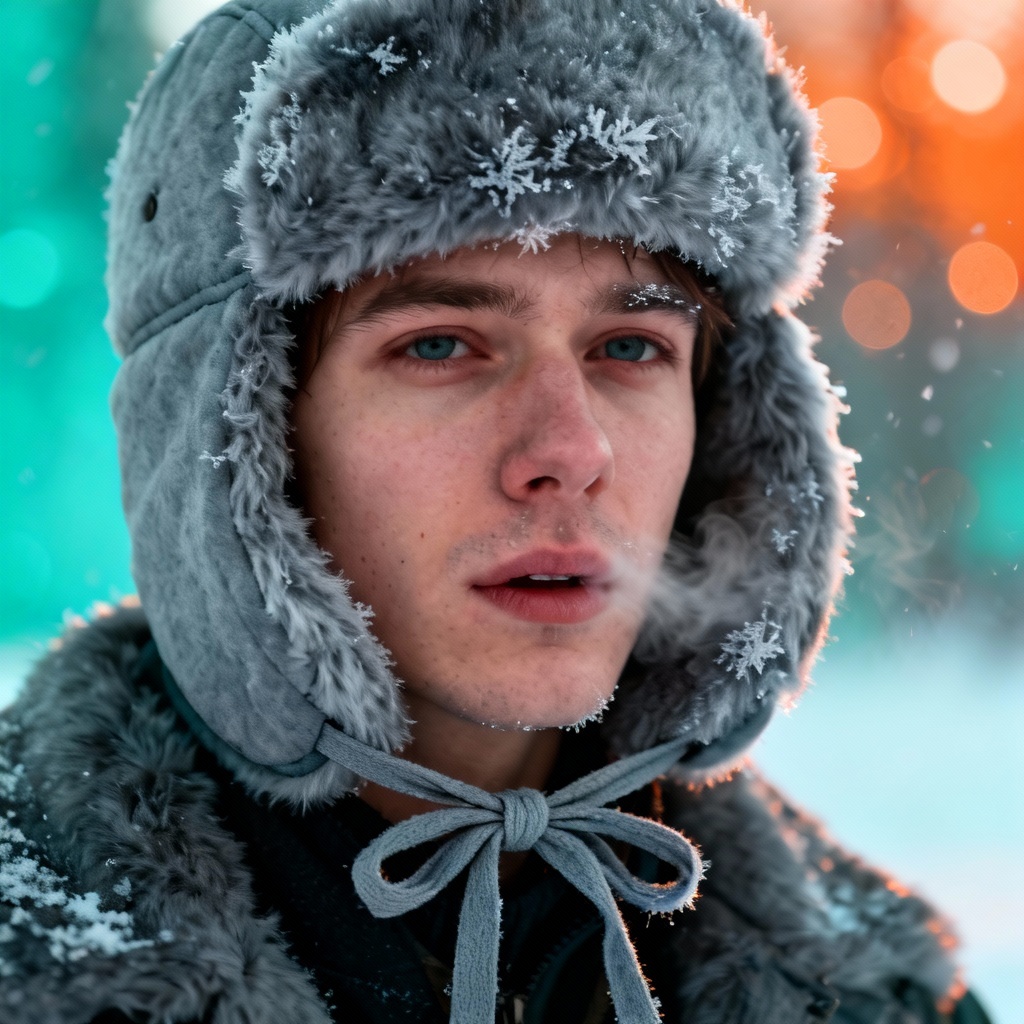 AI faux fur ushanka with ear flaps in snowy portrait