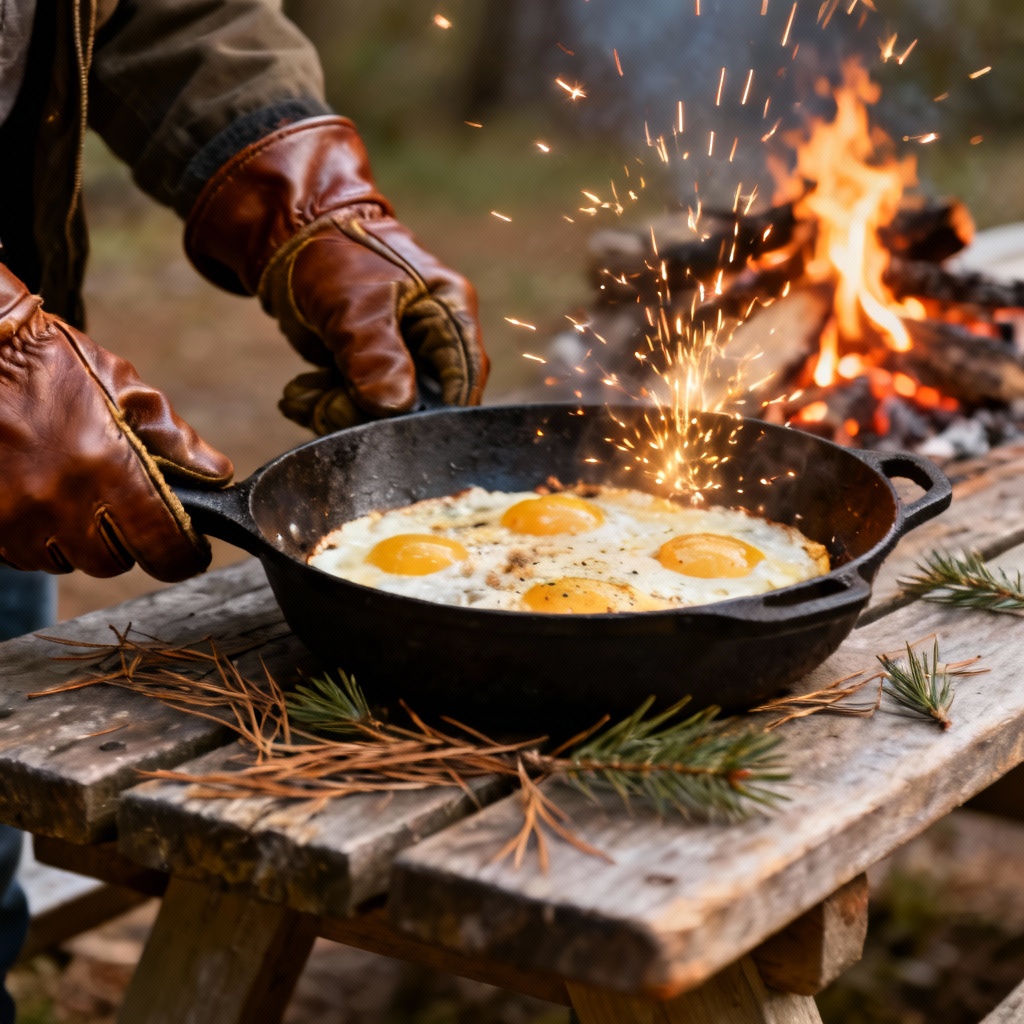 AI campfire close-up with cast iron skillet and sparks