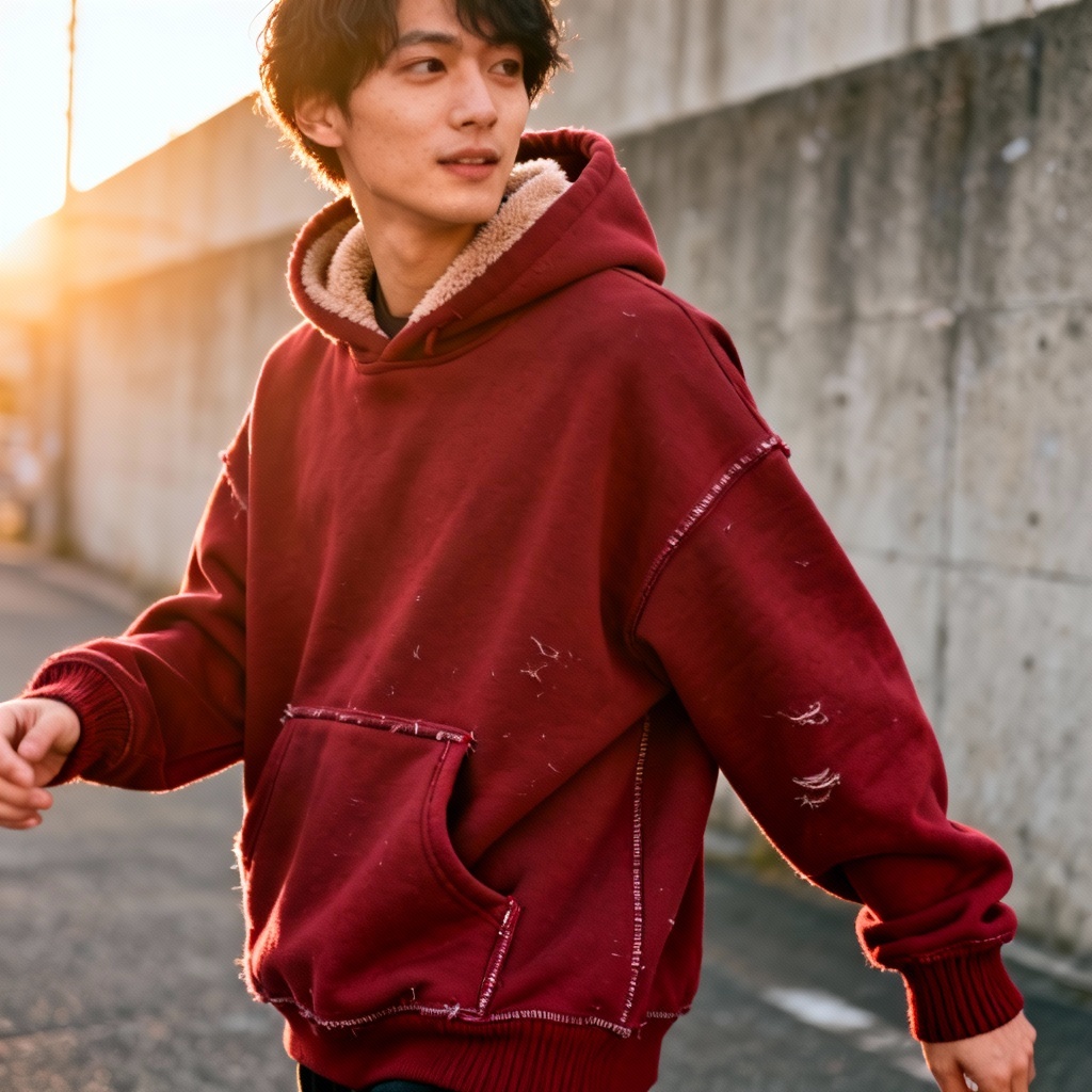 AI ruby red hoodie streetwear look