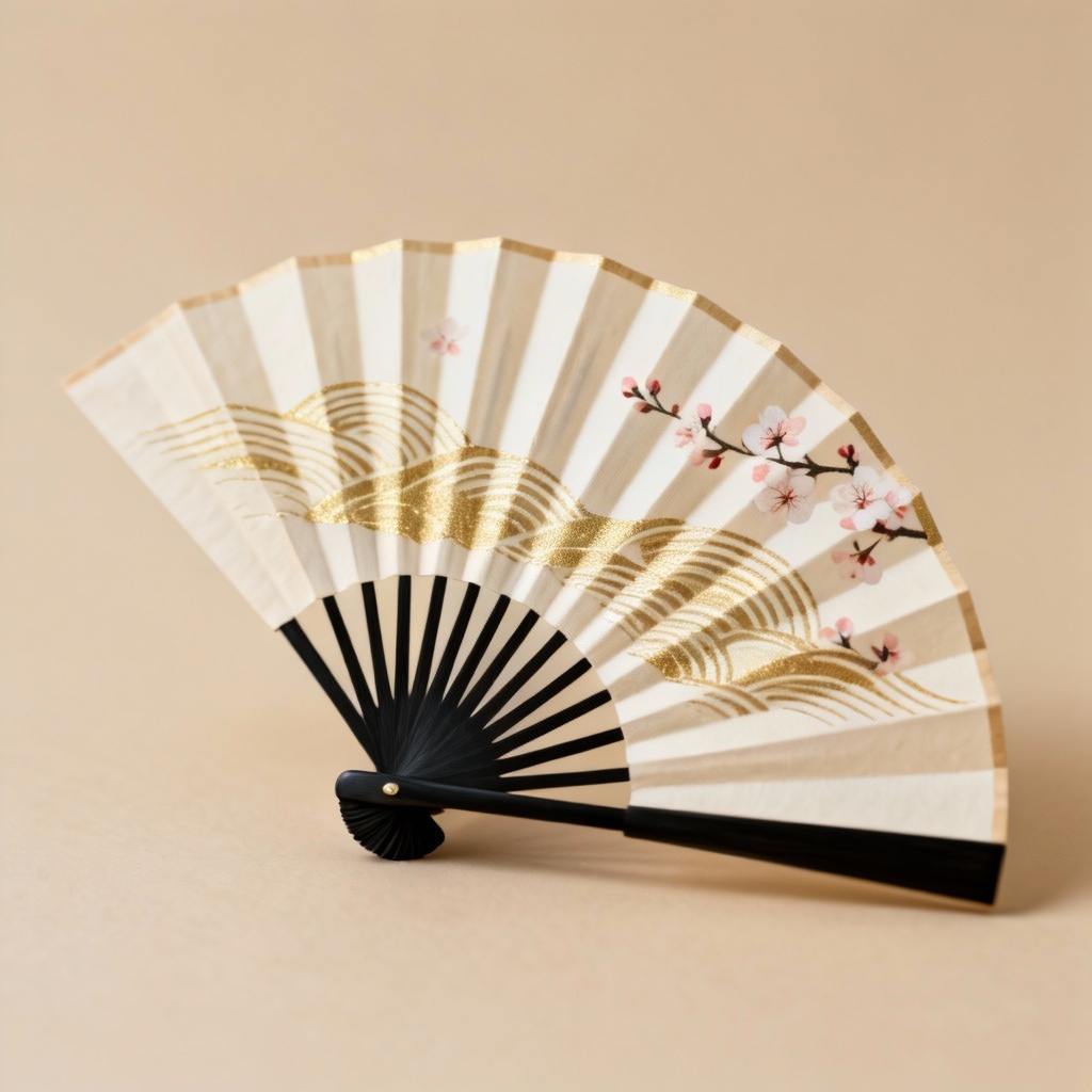 AI-generated gold wave sensu fan on neutral background