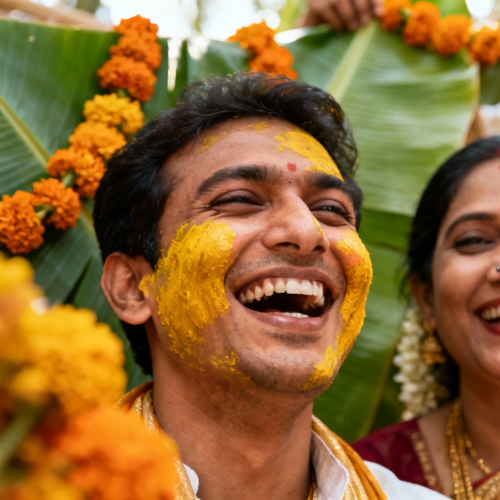 AI Haldi ceremony portrait with marigold decor