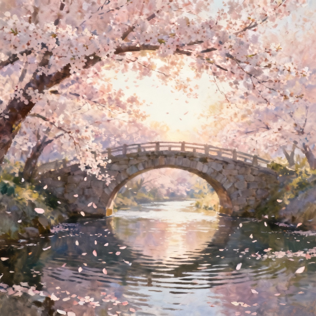 AI cherry blossom riverside with stone bridge