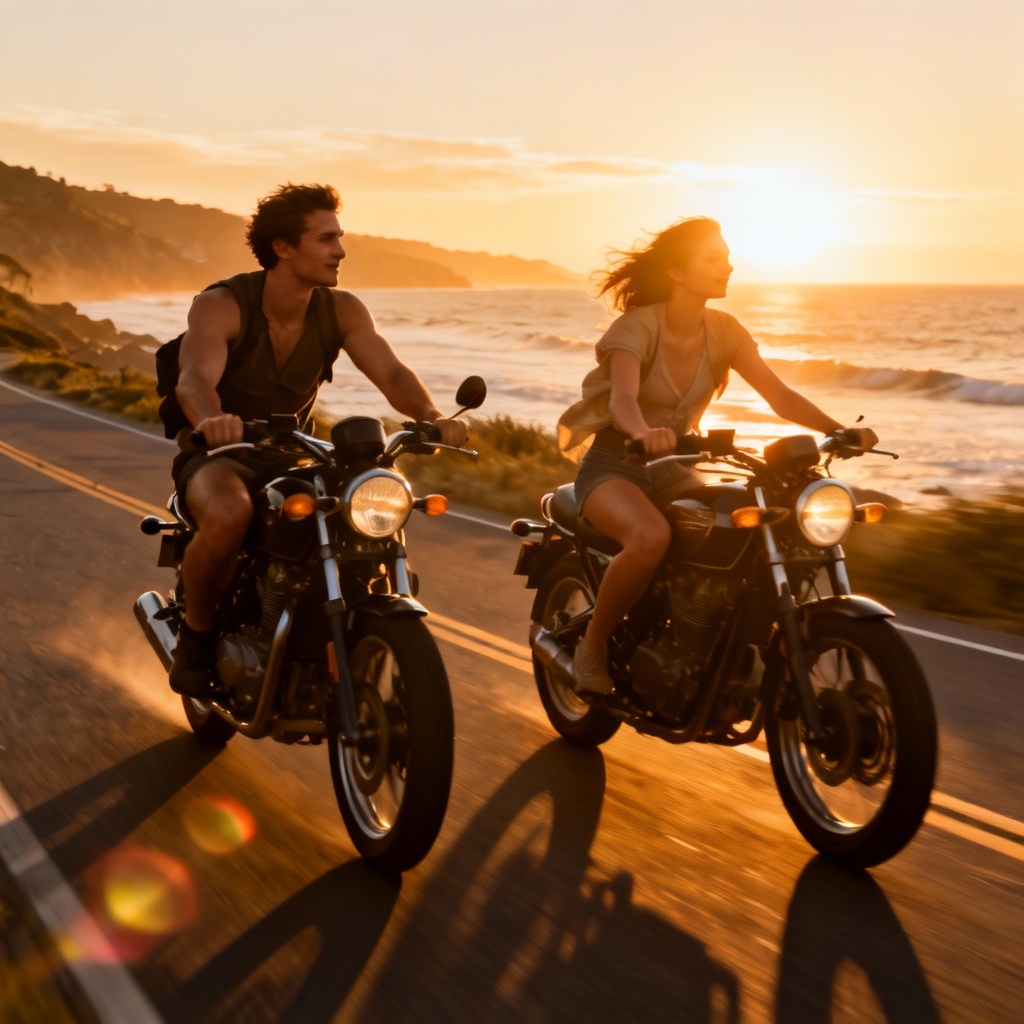 AI biker couple riding at sunset by the coast