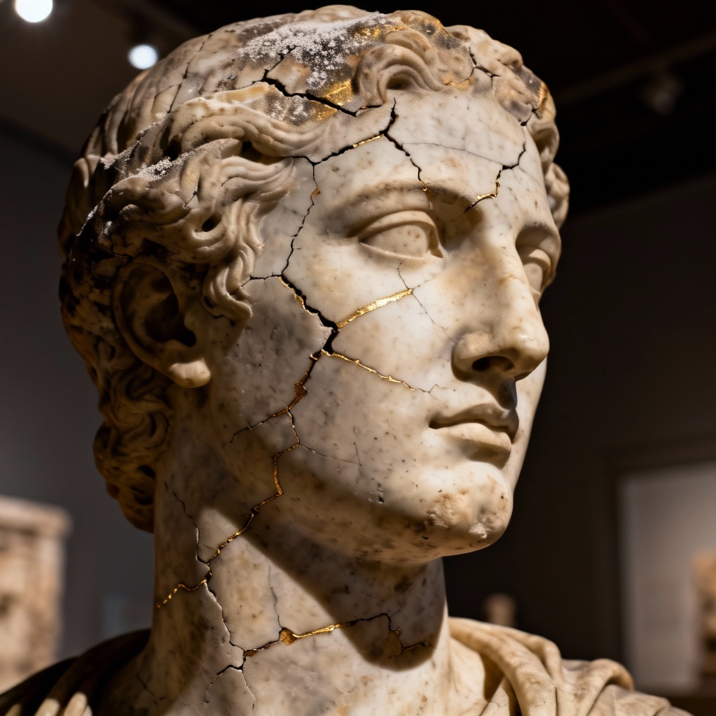 AI cracked marble statue with kintsugi lines