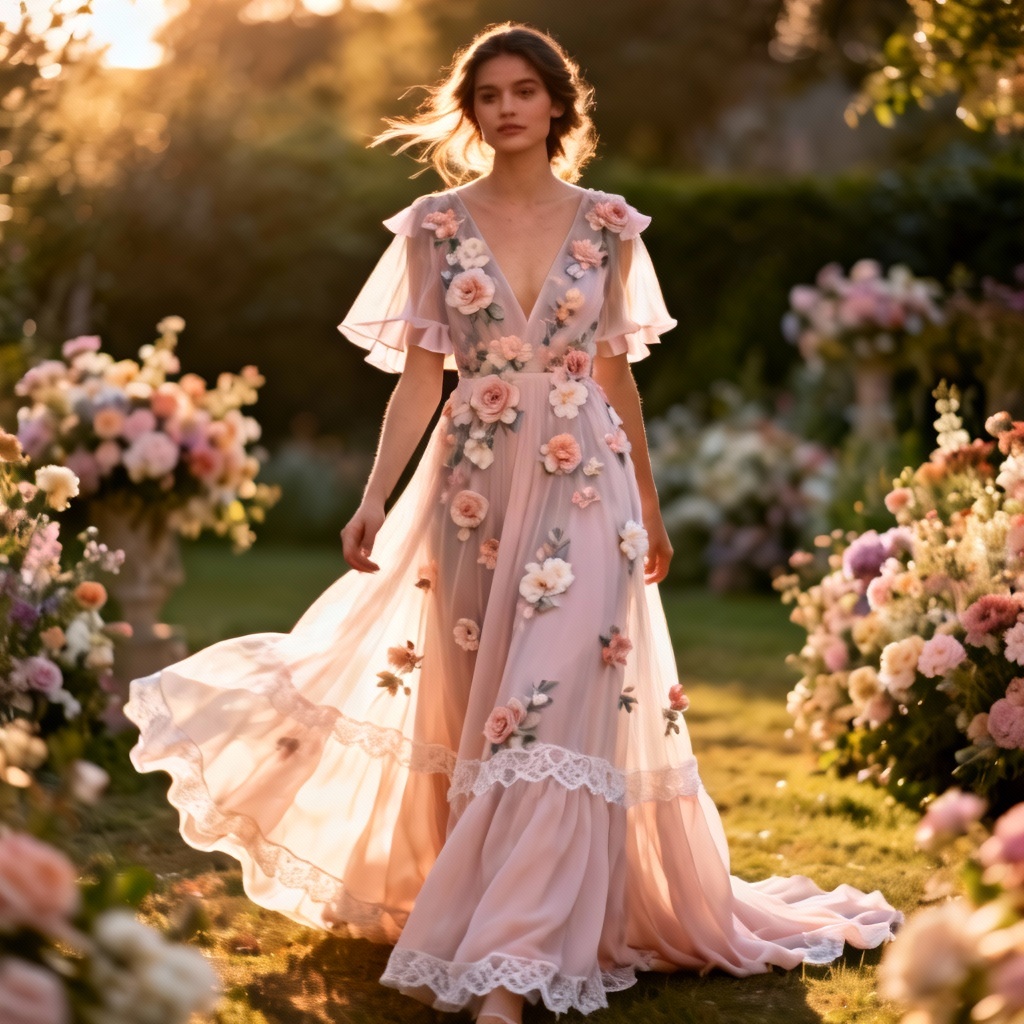 AI Boho Chiffon Garden Wedding Gown with Floral Appliques