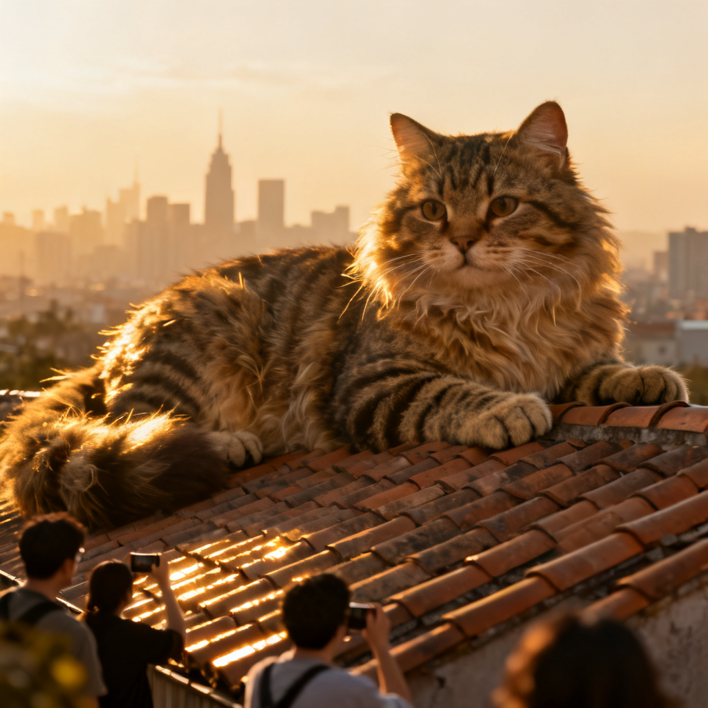 AI giant pet image of a colossal cat perched on rooftops at sunset