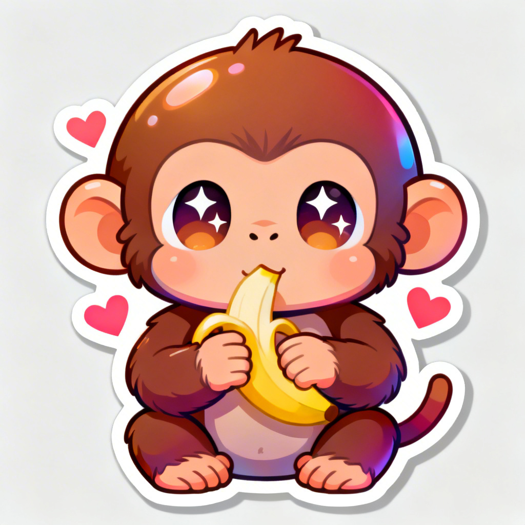 Kawaii baby chubby gorilla holding a banana, sparkly eyes