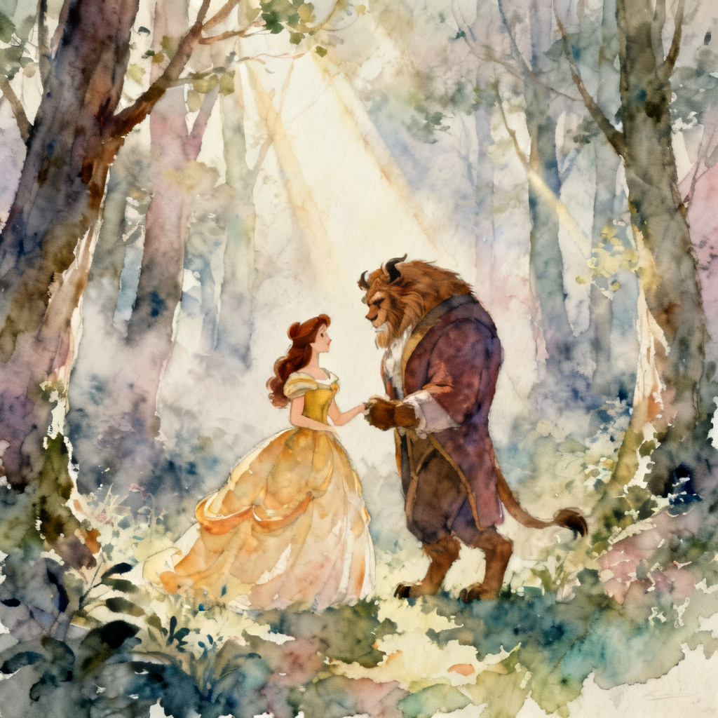 AI watercolor Beauty and Beast forest illustration