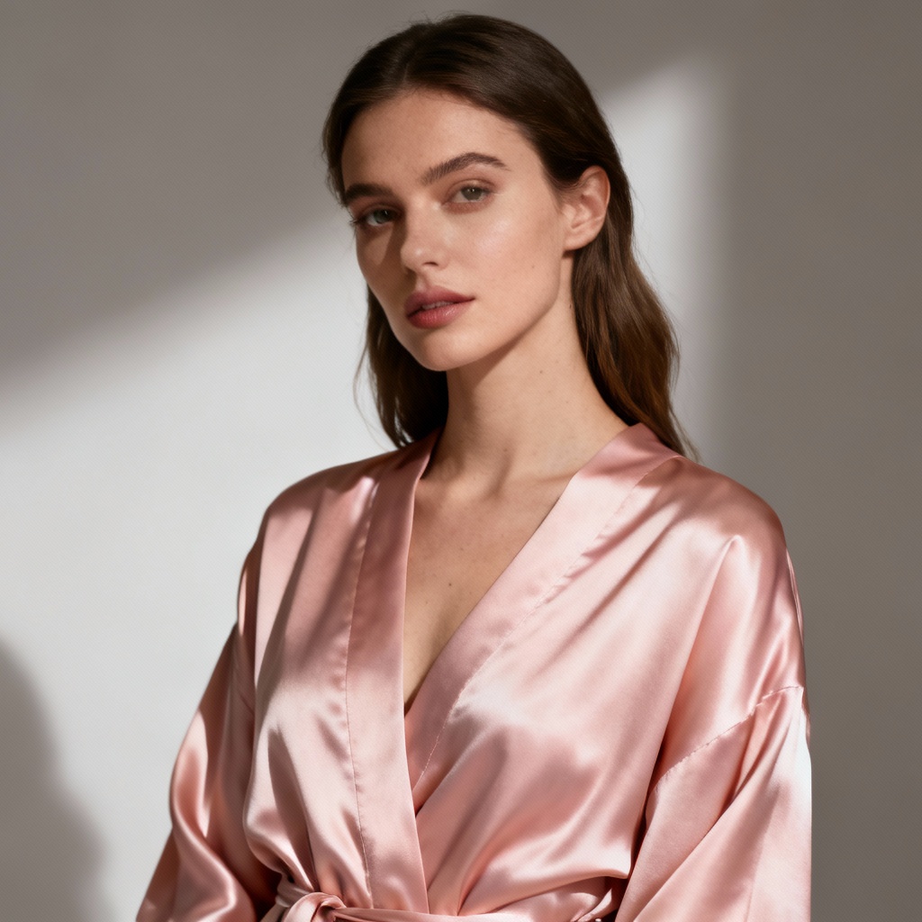 AI blush pink satin robe studio shot