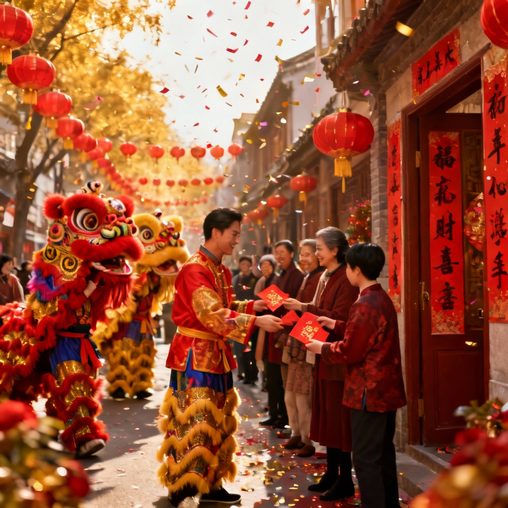 AI image of Chinese New Year lion dance, lanterns, and red envelopes