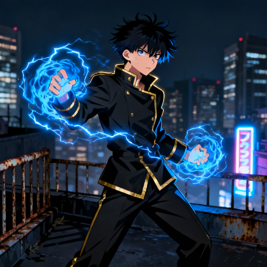 AI-generated JJK OC sorcerer on a rooftop with blue cursed energy