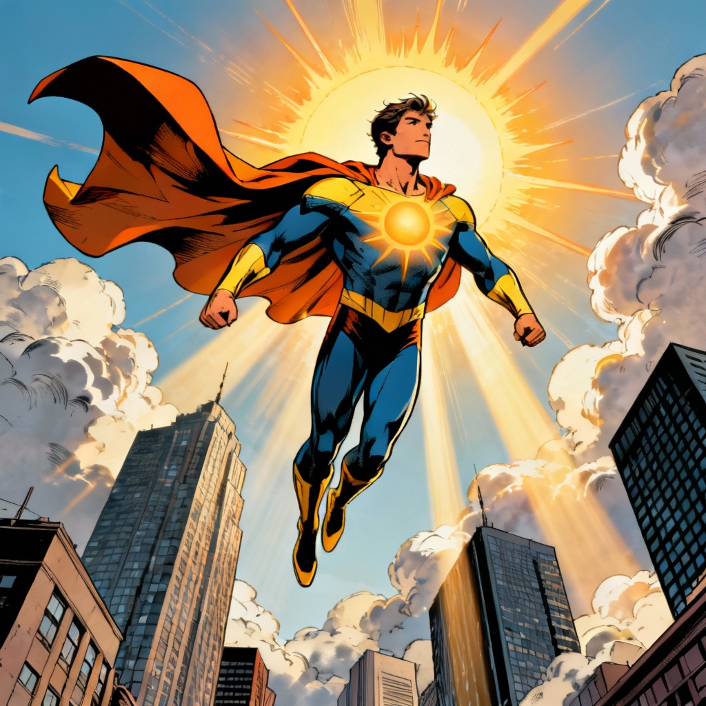 AI DC-style flying solar hero above city