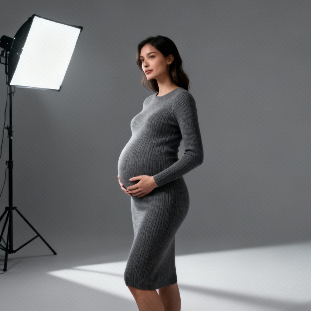 Editorial studio maternity look created with the AI pregnant filter