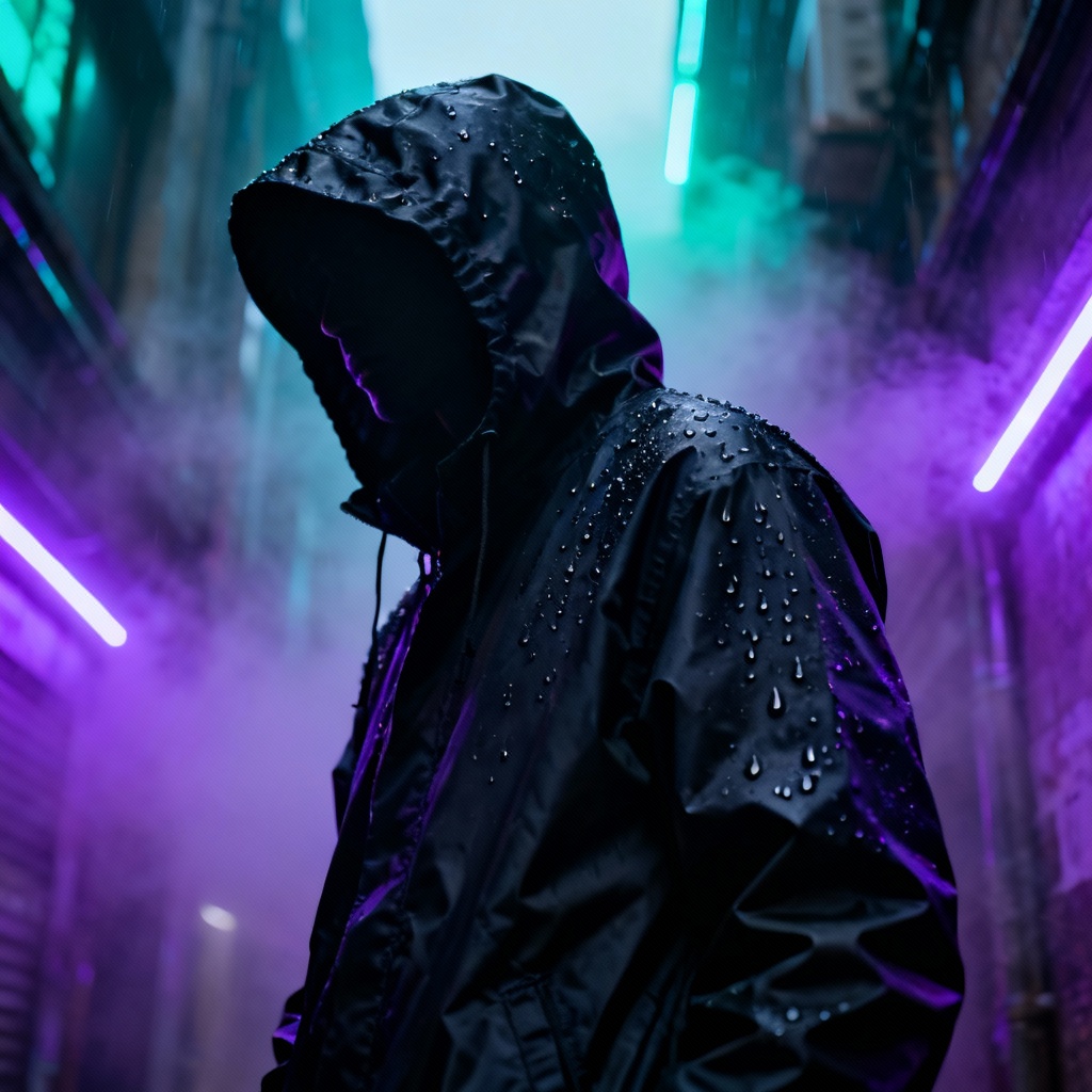 AI black hooded windbreaker in neon alley