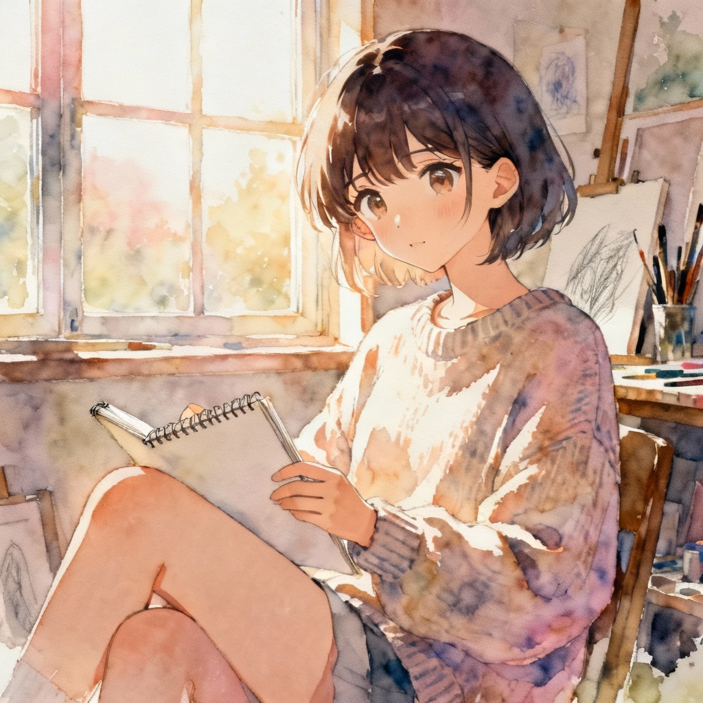 AI anime girl sketching in a cozy sunlit studio