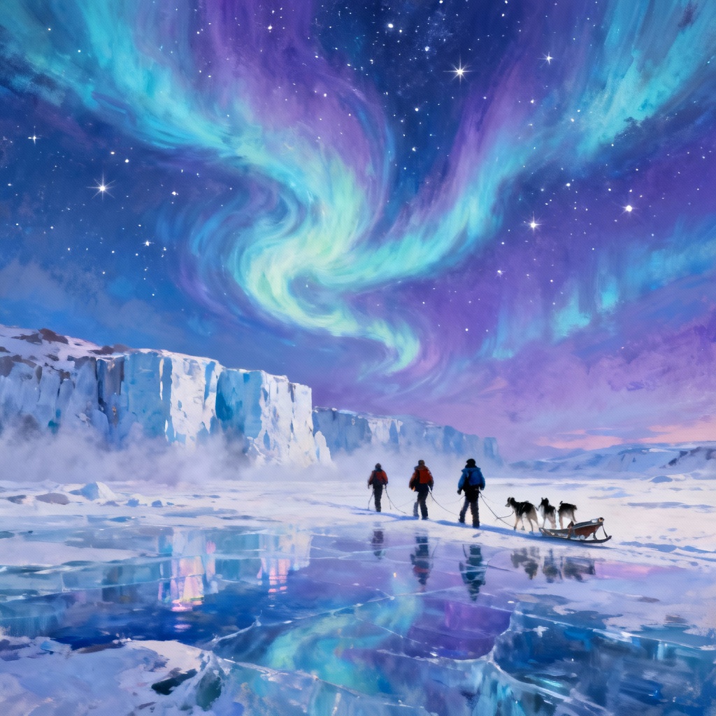 Frozen tundra expedition with aurora