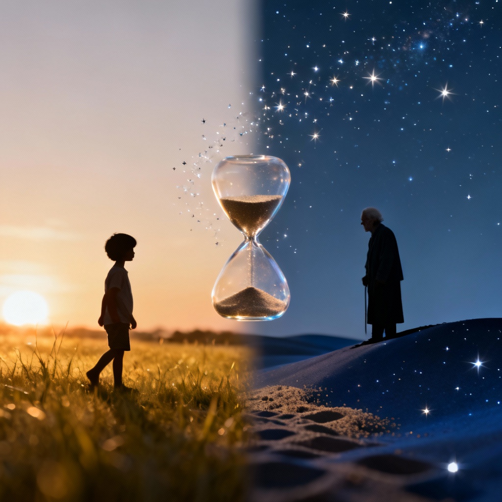 AI time passage silhouette child to elder with hourglass