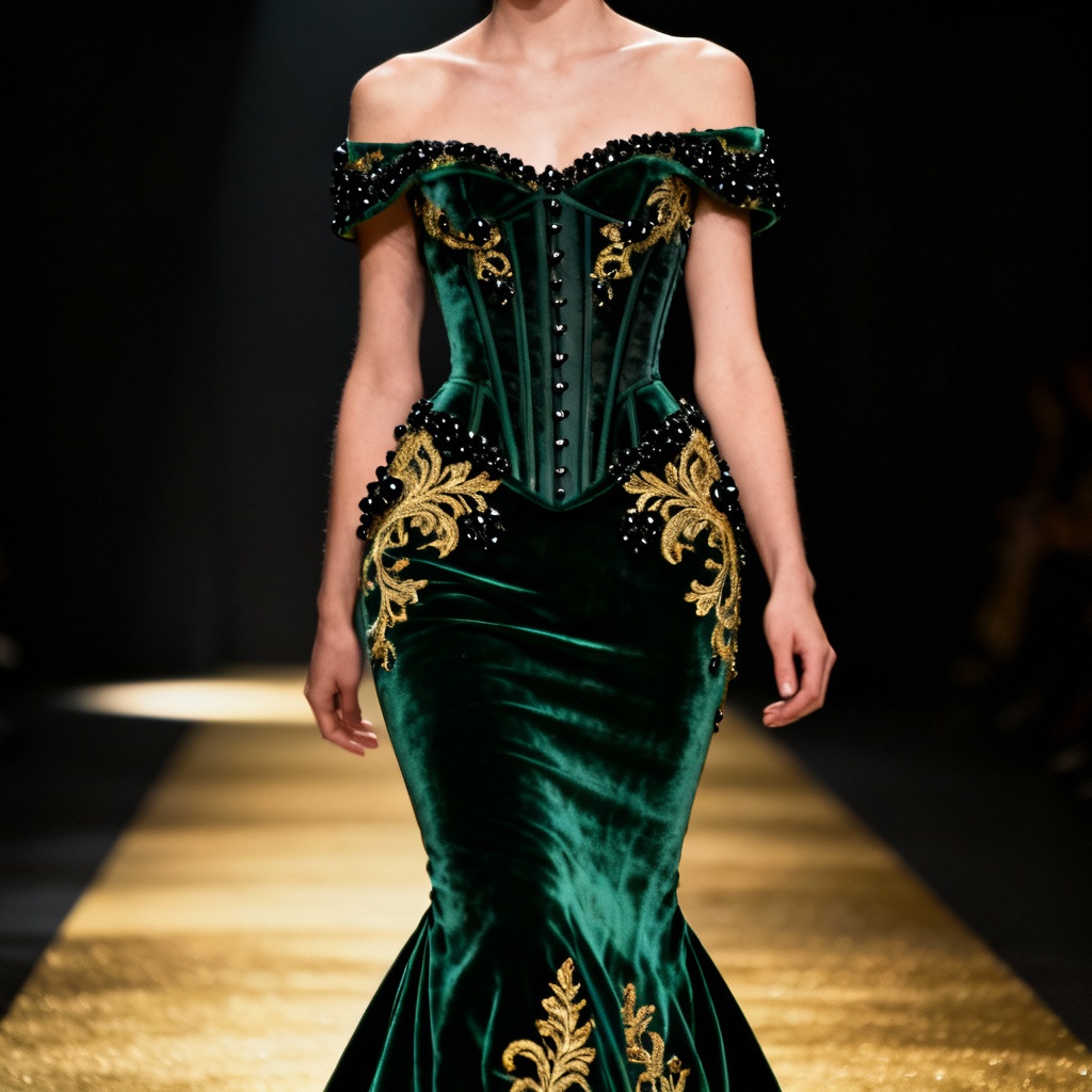 AI velvet mermaid gown with baroque beadwork