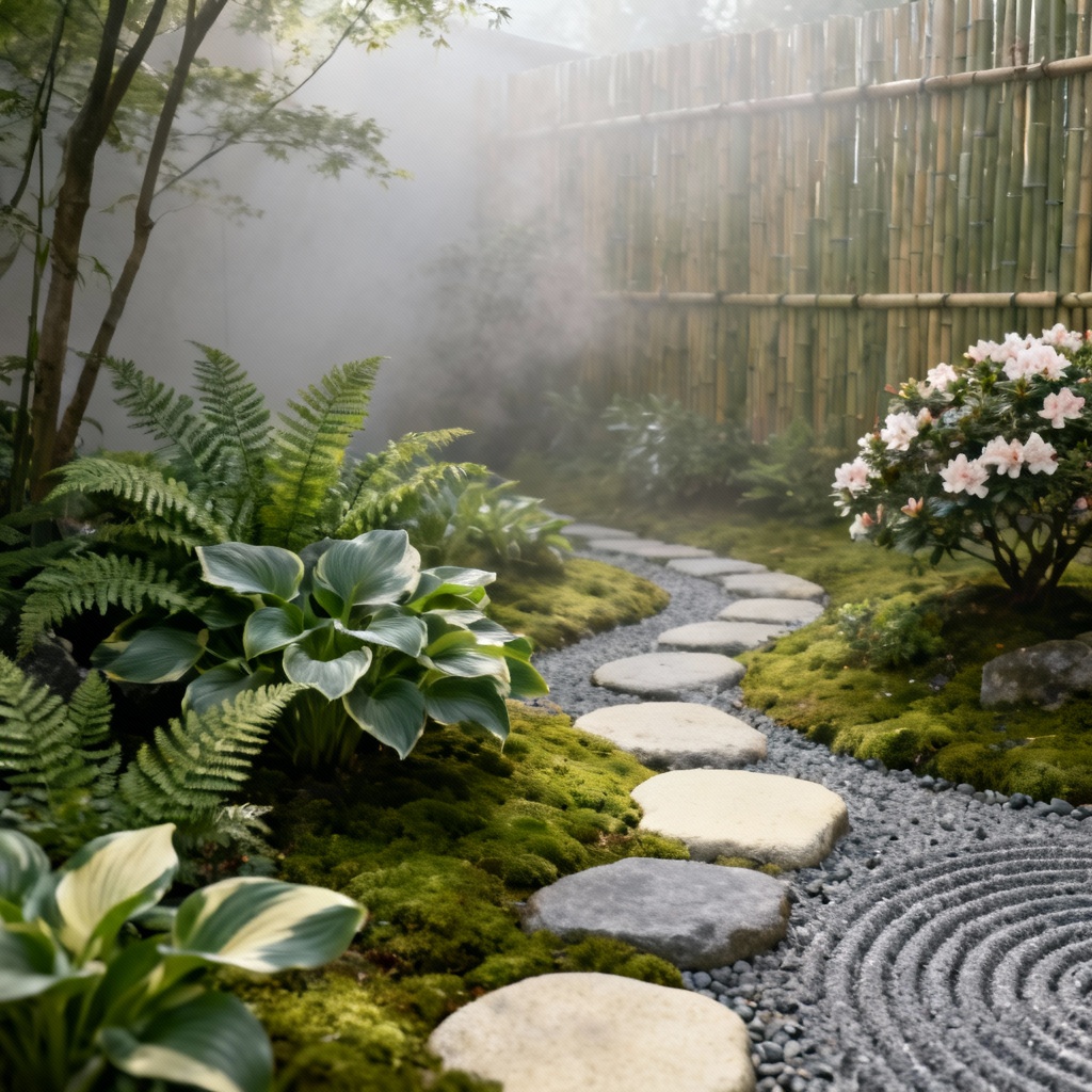 AI Japanese zen shade garden flower bed