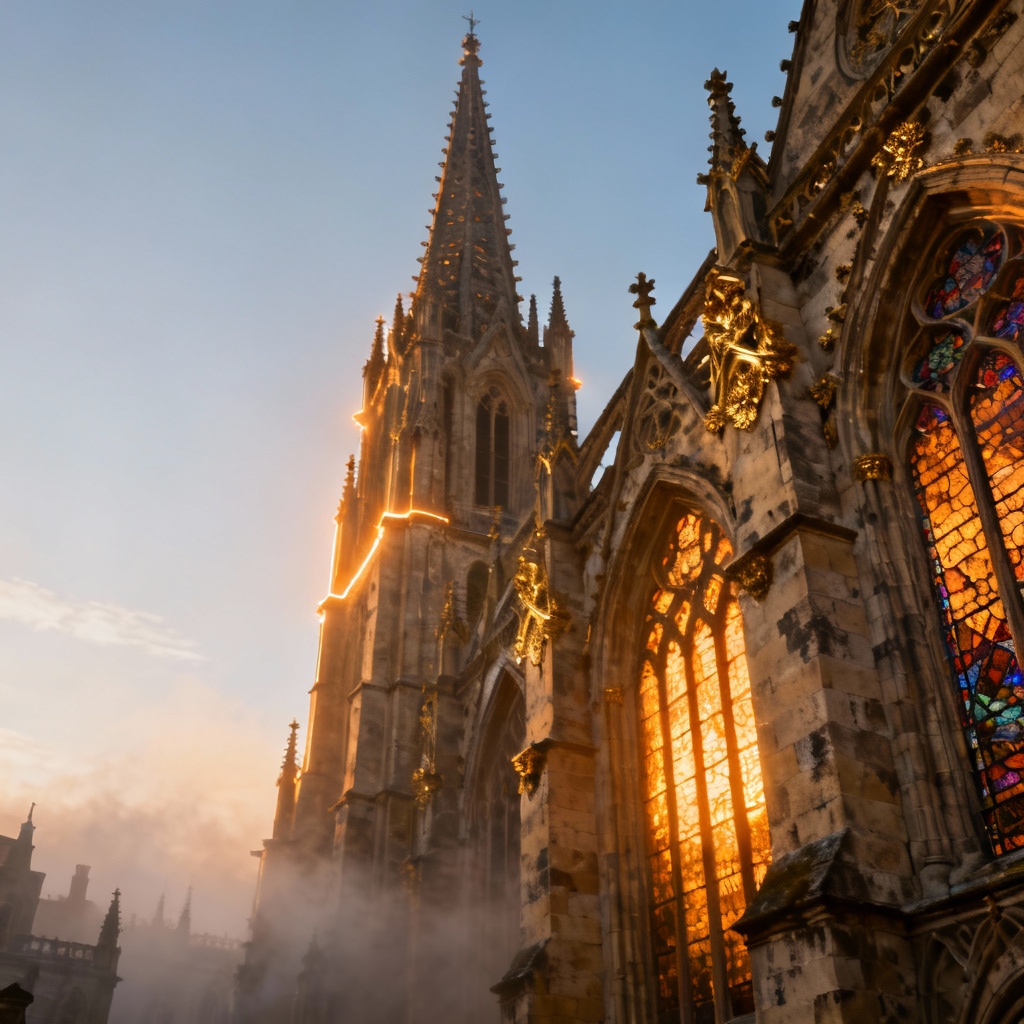 AI generated gothic cathedral spire at sunrise