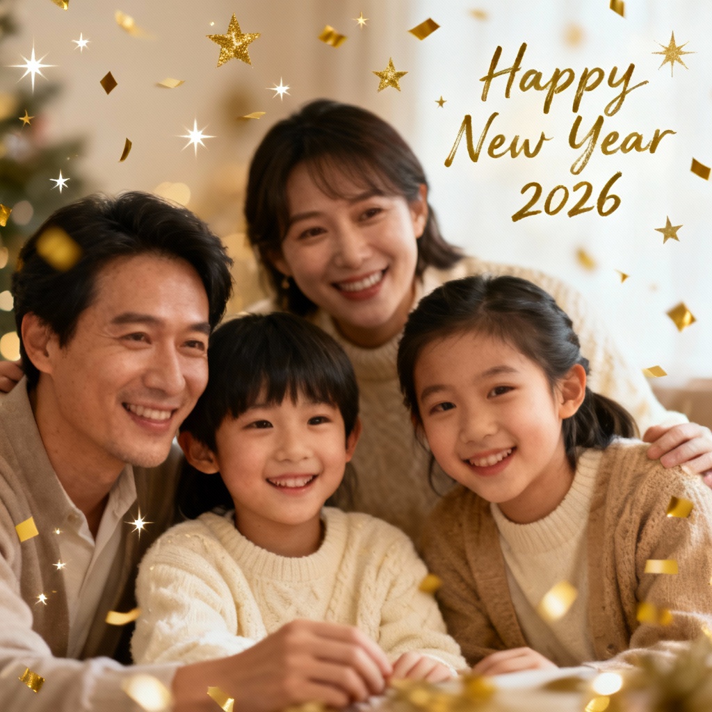 Family greeting card with Happy New Year 2026 confetti overlay
