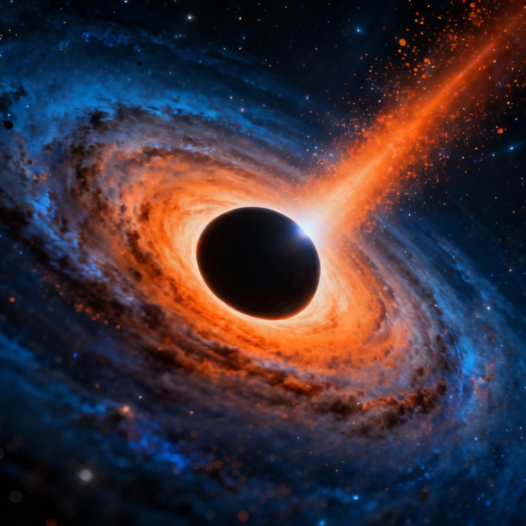 AI black hole with glowing accretion disk and jets