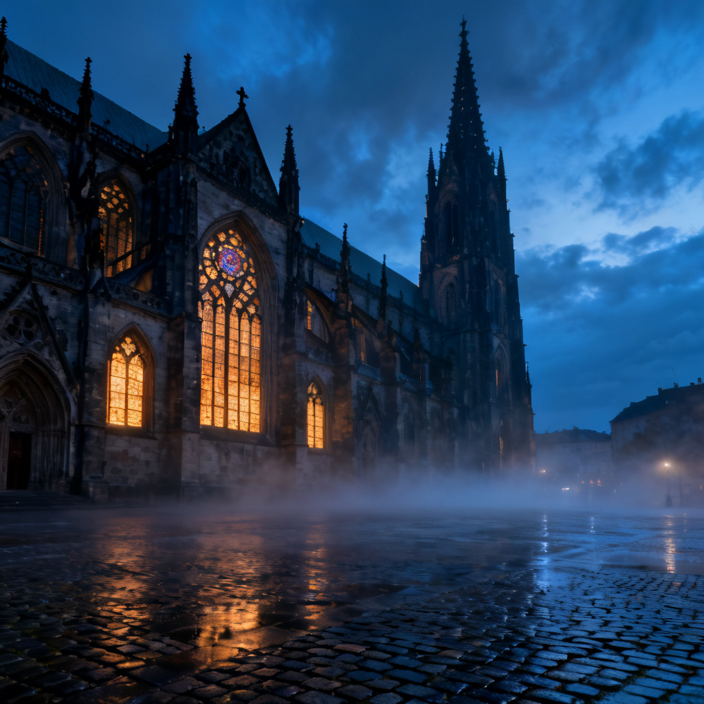 AI Gothic cathedral with stained glass and foggy streets