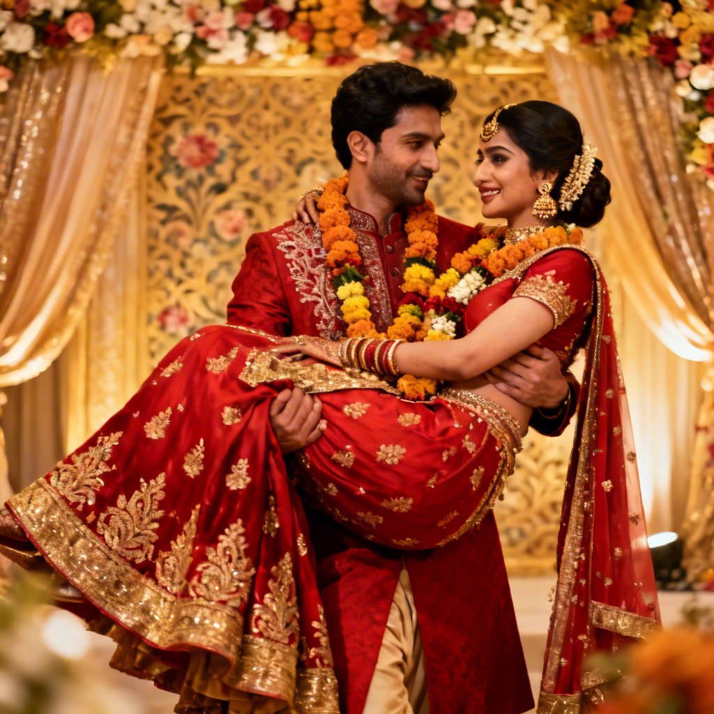 South Asian wedding bridal carry with colorful attire