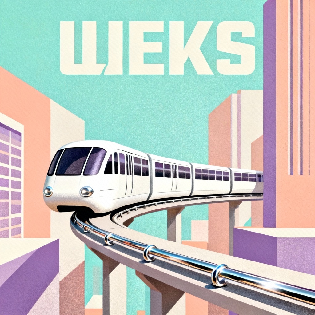 AI retrofuturism poster with space age monorail