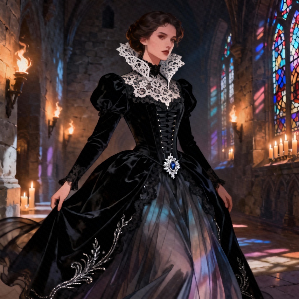 AI gothic princess gown in black velvet and lace