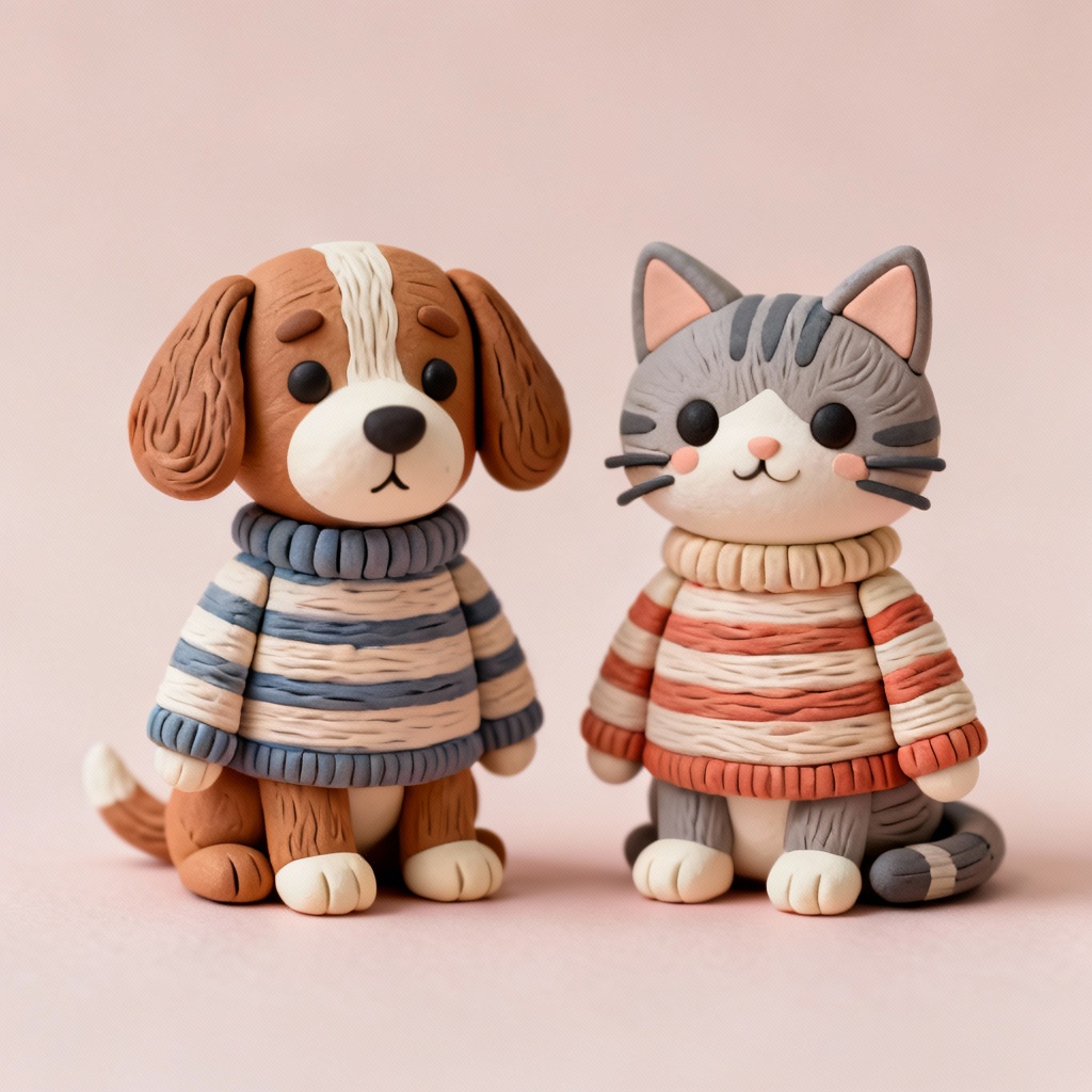AI clay family portrait of a dog and cat in matching outfits