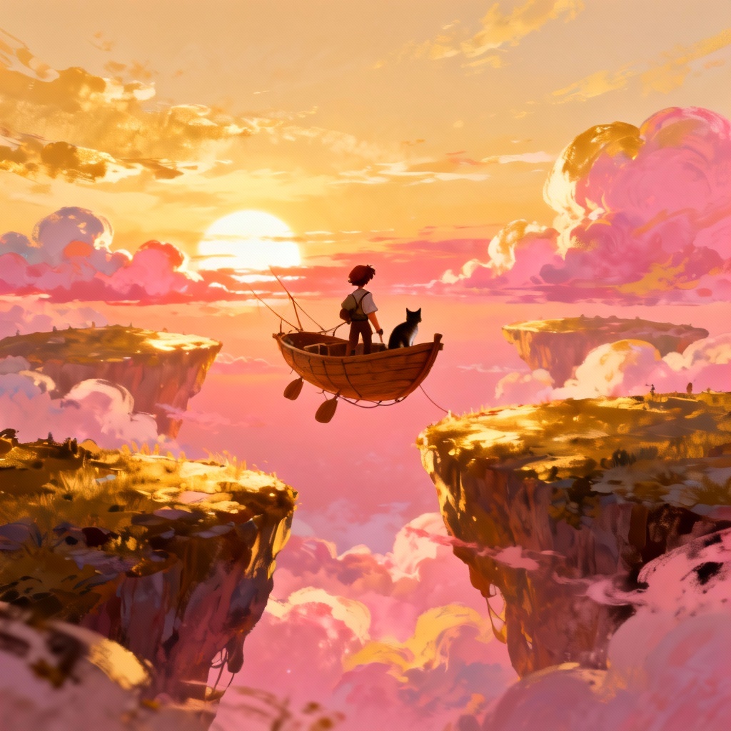 AI fairytale sky island adventure with airship and explorer